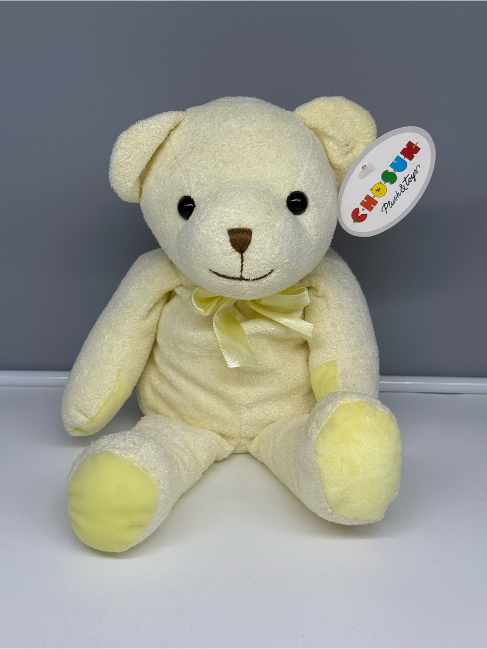 Vintage Chosun Plush stuffed animal pastel yellow teddy bear satin bow NWT RARE